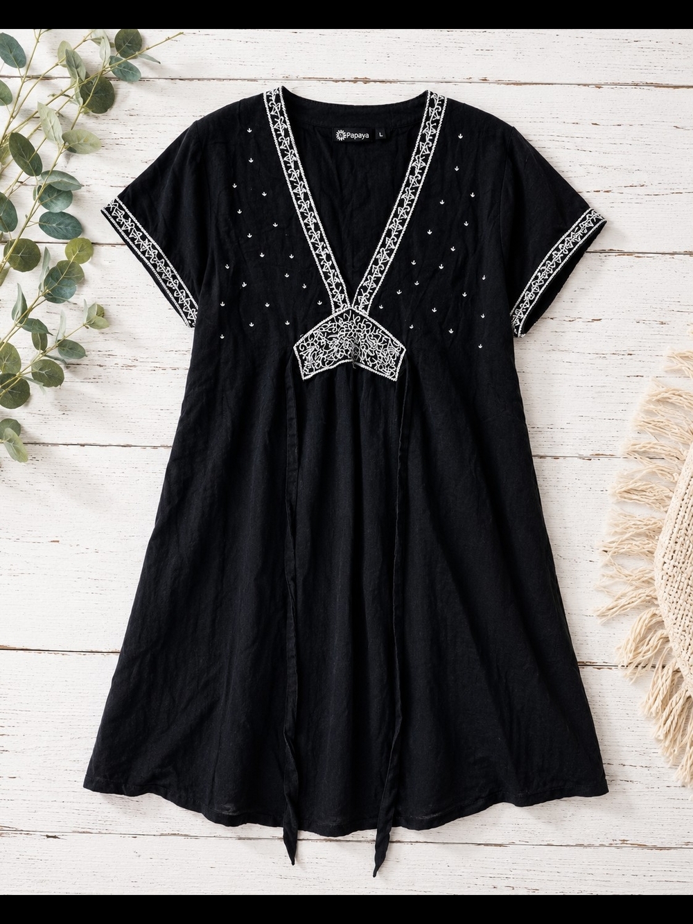 Papa Vancouver Black Embroidered Cotton Tunic Dress L